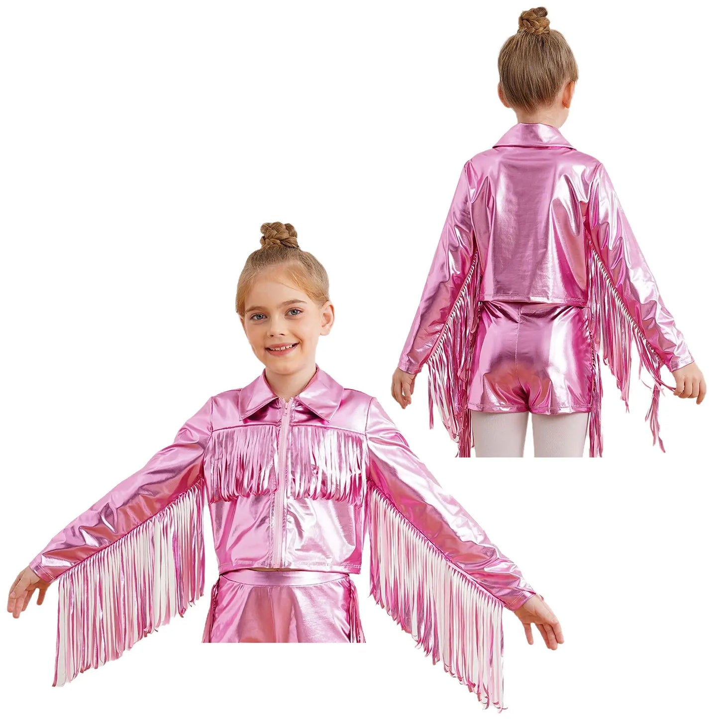 Kids Girls Tassels Metallic Jacket Top Fringe Shiny Turn-Down Collar Long Sleeve Zipper Jacket Coat for Hip Hop Street Dance