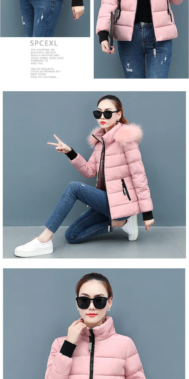Solid Color Detachable Hooded Hair Collar Slim-fit Cotton-padded Jacket, Women's Winter New Warm Casual Stand Collar Padded Coat