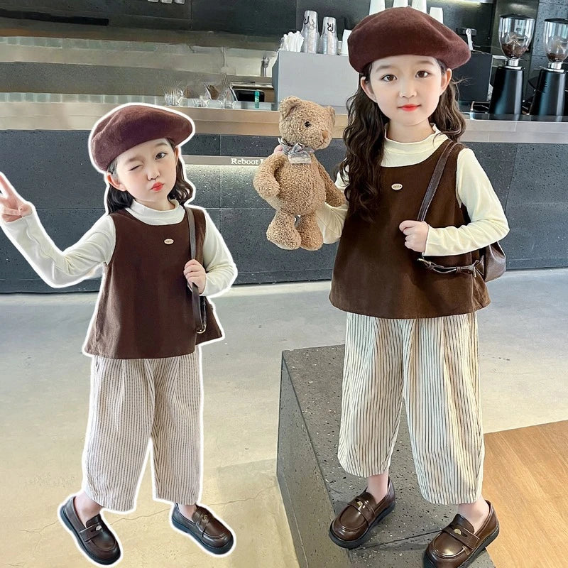 Girls Autumn Spring Clothing Set Fashion Children's Bow Tie Vest + Undershirt + Wide-Leg Pants Three-Piece Set 2025 New