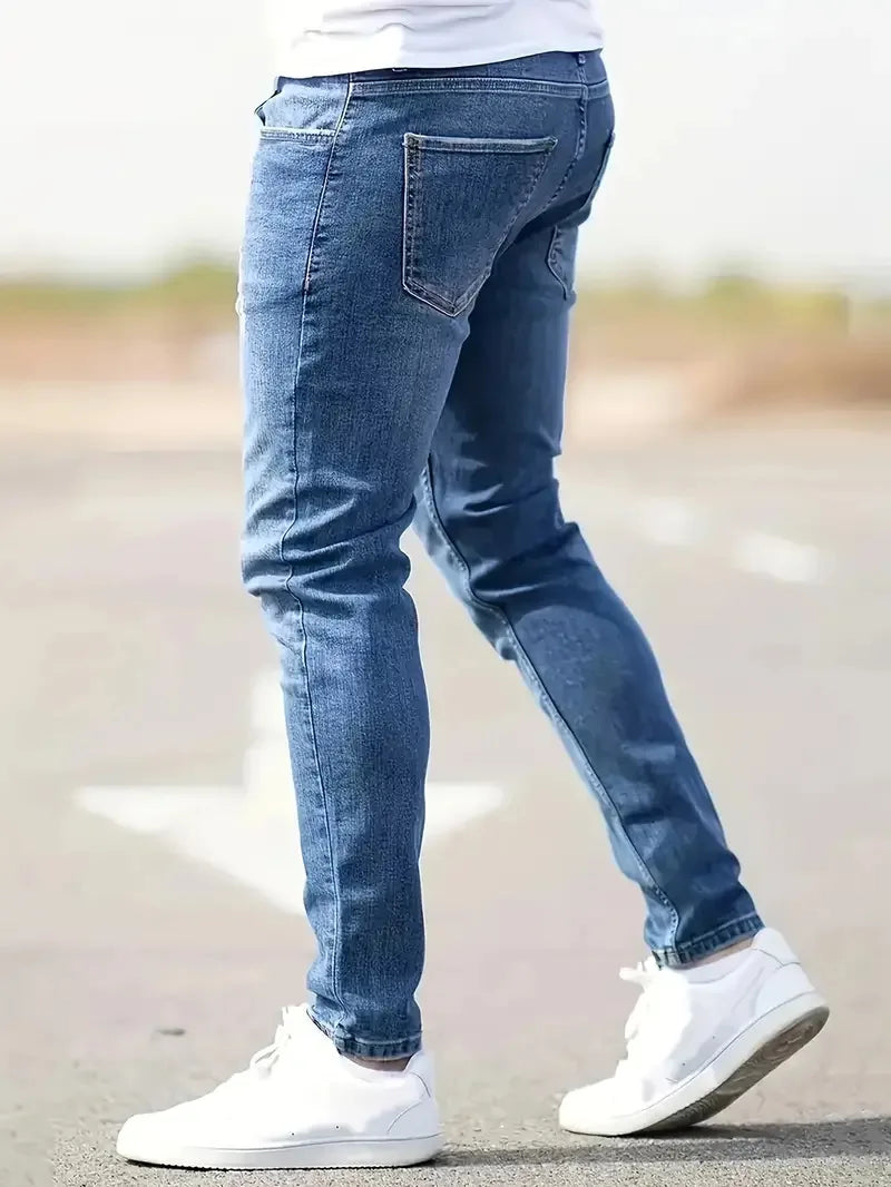 Pantalones vaqueros desgastados para hombre, ajustados, vintage, con agujeros, lavados, lisos, hasta el tobillo, estilo punk, con bolsillos, 2024