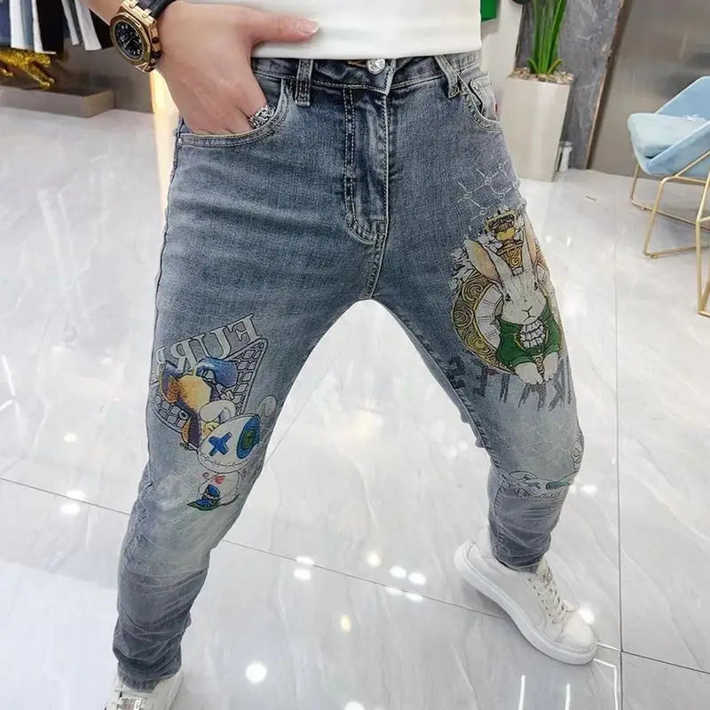 Vaqueros ajustados de alta gama para hombre, de estilo coreano europeo, con estampado de diamantes de tigre, para uso informal, ropa de lujo elástica para primavera y otoño.