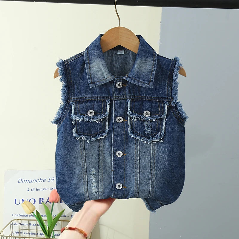 Elegant Unisex Kids Denim Waistcoat with Raw Hem for Boys Girls Casual Sleeveless Jeans Jacket Vest Child Fashion Waist Coat