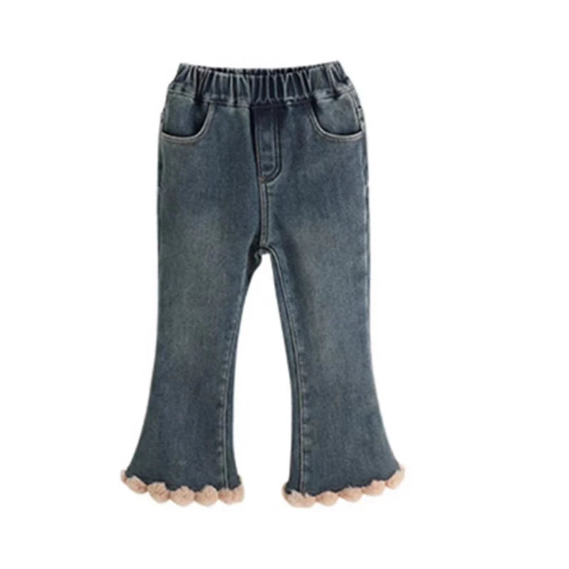 Pantalones vaqueros acampanados con forro polar para niñas, cálidos, con dobladillo desgastado, para invierno, de 1 a 6 años, a la moda, informales