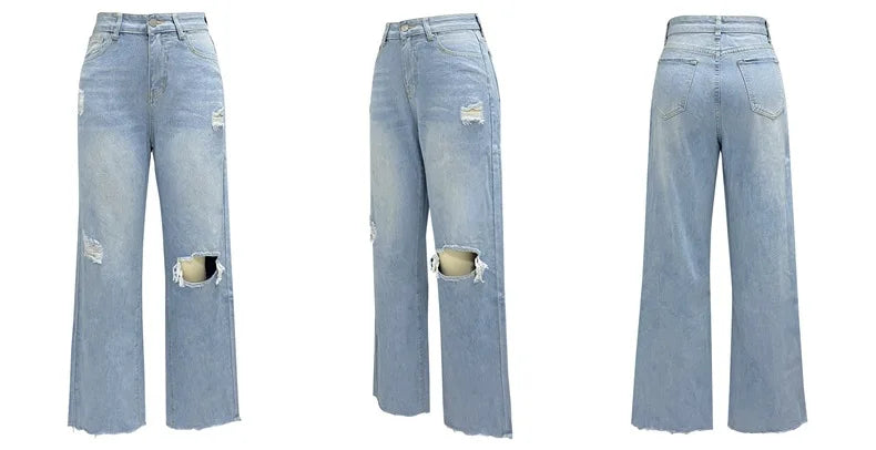 Pantalones vaqueros de mujer, de pierna ancha, de mezclilla, de cintura alta, con cremallera, con agujeros, bolsillos, estilo urbano, hasta los tobillos, primavera 2024