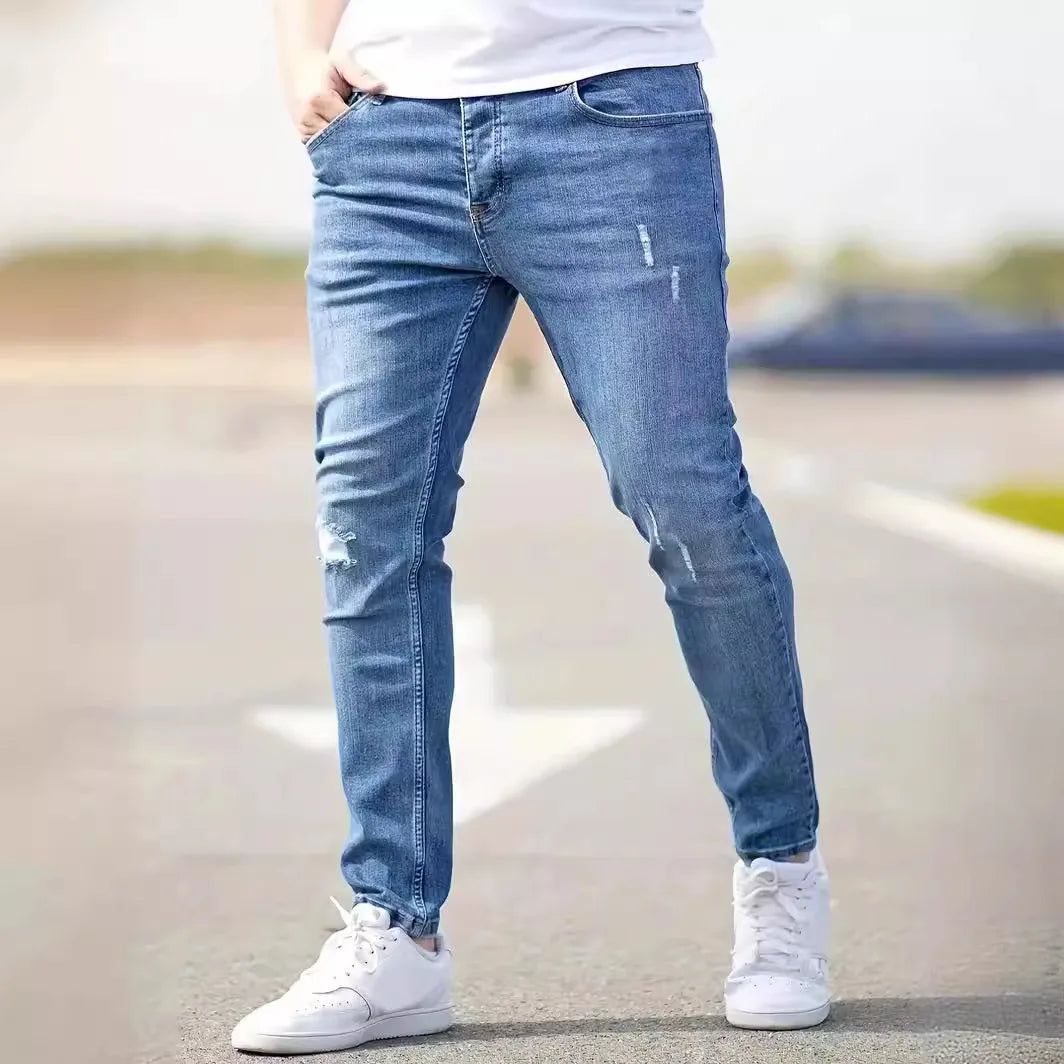 Pantalones vaqueros desgastados para hombre, ajustados, vintage, con agujeros, lavados, lisos, hasta el tobillo, estilo punk, con bolsillos, 2024