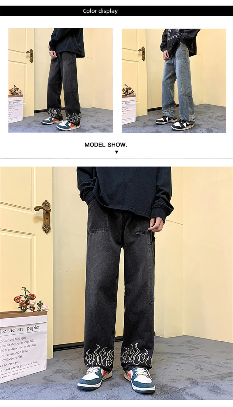 Pantalones vaqueros vintage con estampado de llamas Y2K para hombre, pantalones vaqueros holgados de pierna ancha, pantalones vaqueros rectos de moda hip hop 2025.