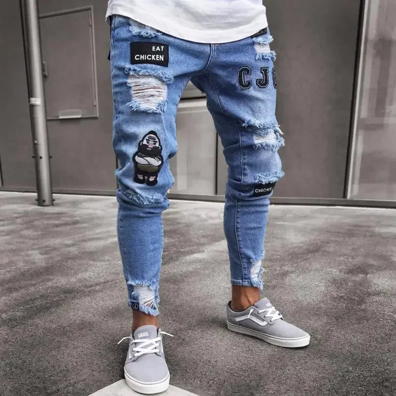 Punk Denim Pants Men Jeans Skinny Ripped Hole Patchwork Slim Pencil Denim Hip Pop Trousers Autumn Plus Size Streetwear Men's