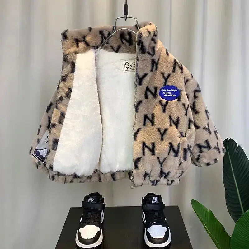 Autumn/Winter Children's Jacket New Boys' and Girls' Thick Cotton Jacket with Velvet and Clip on Cotton Top