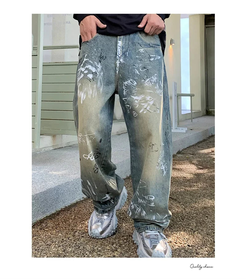 New Graffiti Printed Baggy Jeans For Men Y2K Vintage Distressed Blue Harajuku Denim Pants High Street Straight-leg Jean Trousers