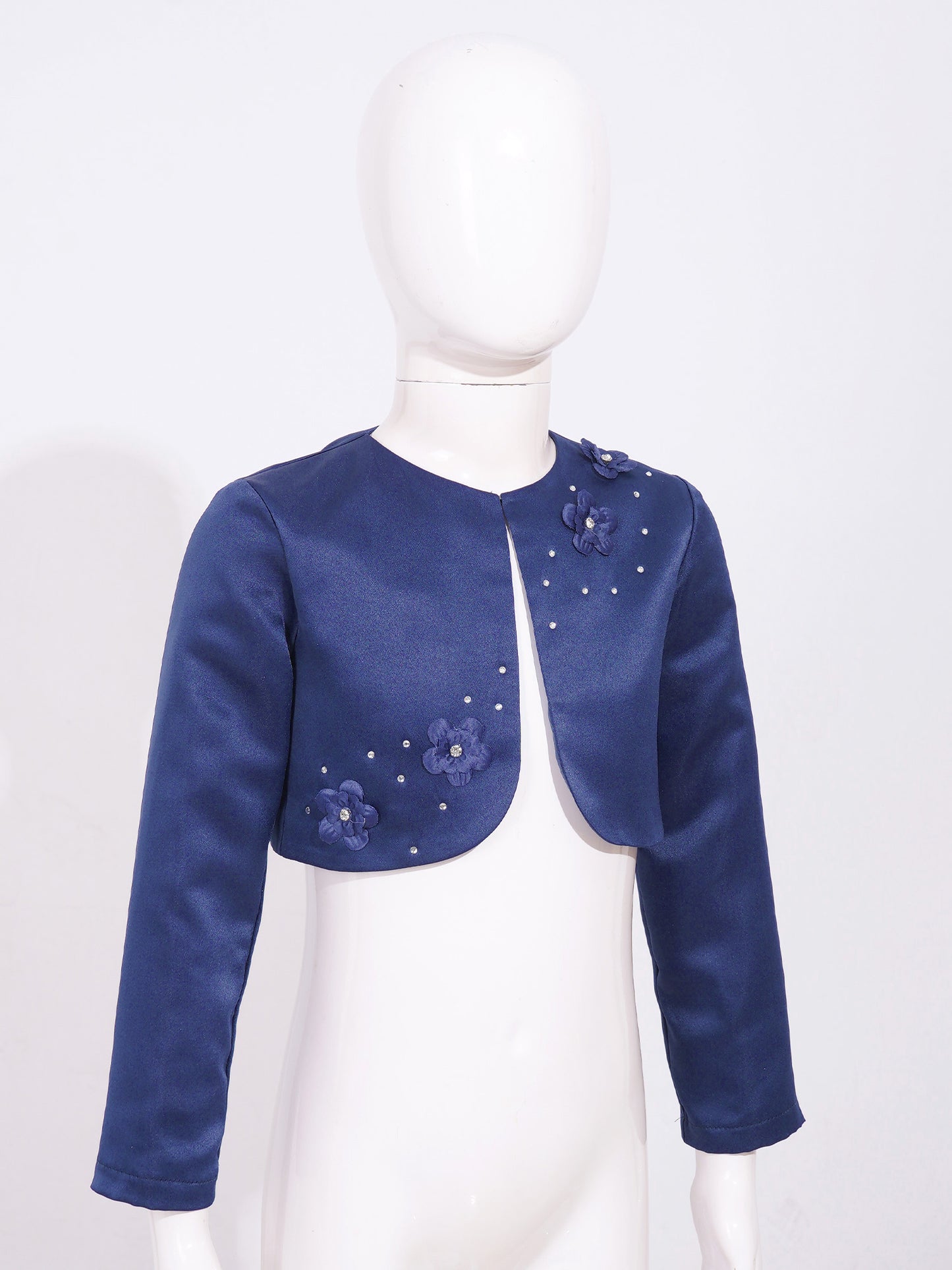 Kids Girls Satin Bolero Jackets Rhinestone Flower Elegant Cardigan Long Sleeve Open Front Shrug Cape Wedding Party Dress Outwear
