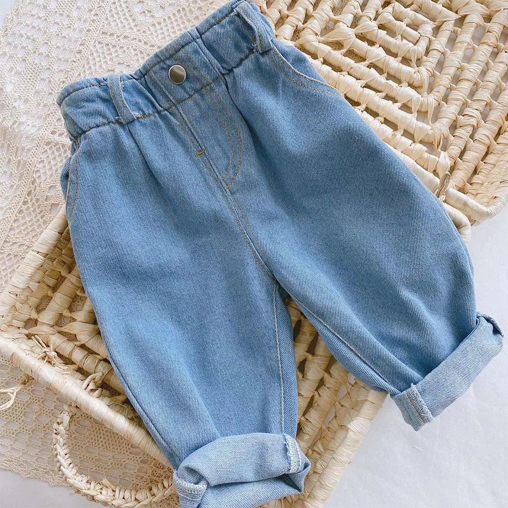 Pantalones vaqueros holgados para bebé niño y niña, nueva moda, estilo coreano, casuales, de color sólido, pantalones vaqueros para primavera y otoño para niños de 1 a 7 años.