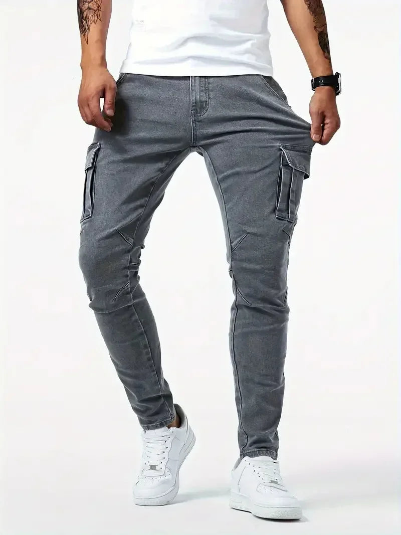 Nuevos pantalones vaqueros ajustados con bolsillos laterales para hombre, pantalones pitillo de mezclilla de cintura alta de color liso, pantalones de verano