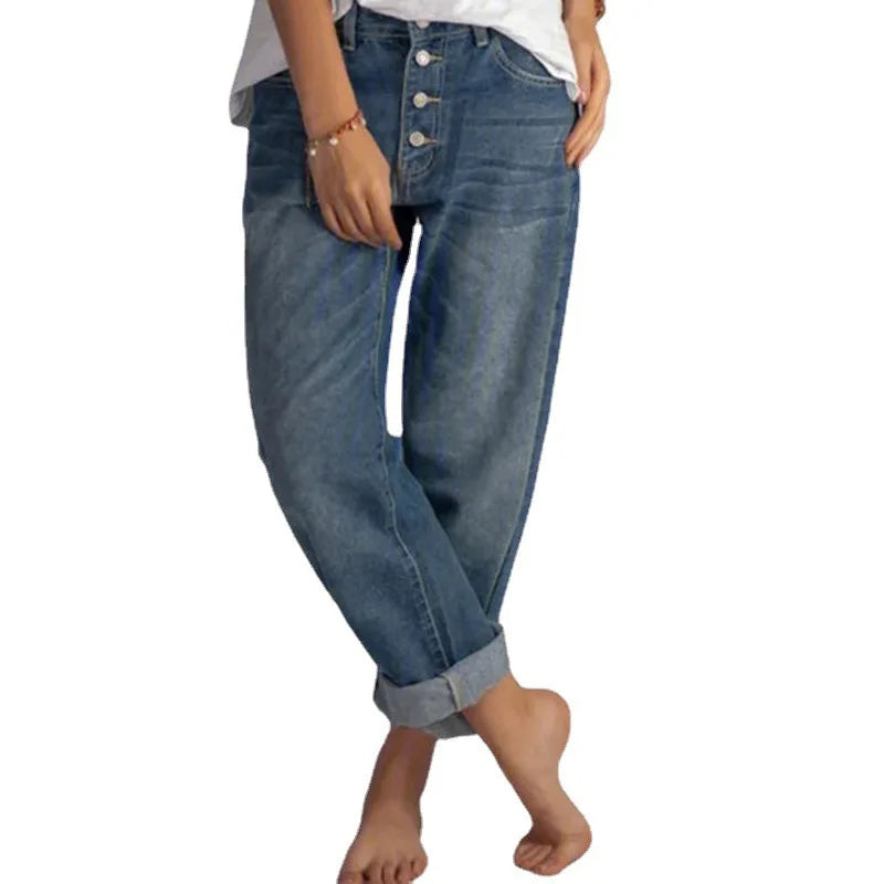 Jeans Straight Pants Women Denim Spliced Button Loose Pockets High Waist Wash Ankle Length 2024 Vintage Distressed Basics