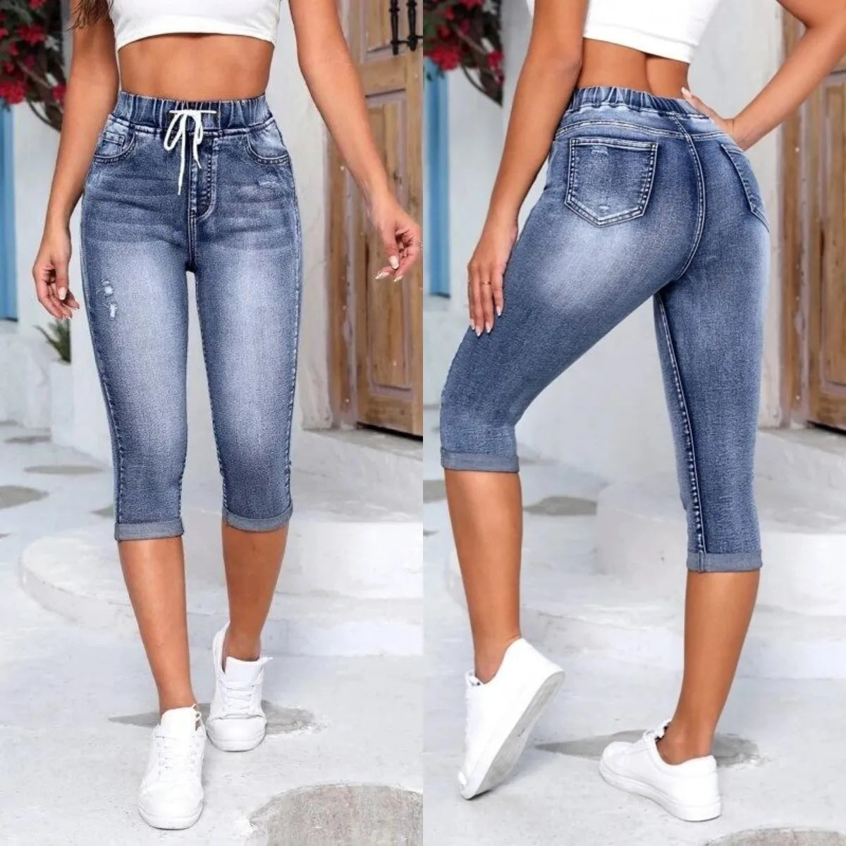 Pantalones vaqueros rasgados de cintura alta hasta la pantorrilla para mujer, de moda, con cintura elástica, pitillos casuales, 2025