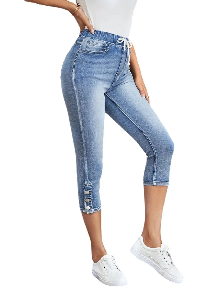 2025 Summer Women's Calf-Length Jeans Fashion Skinny High Stretch Elastic Waist Denim Pencil Pants Casual Slim Jeans S-2XL