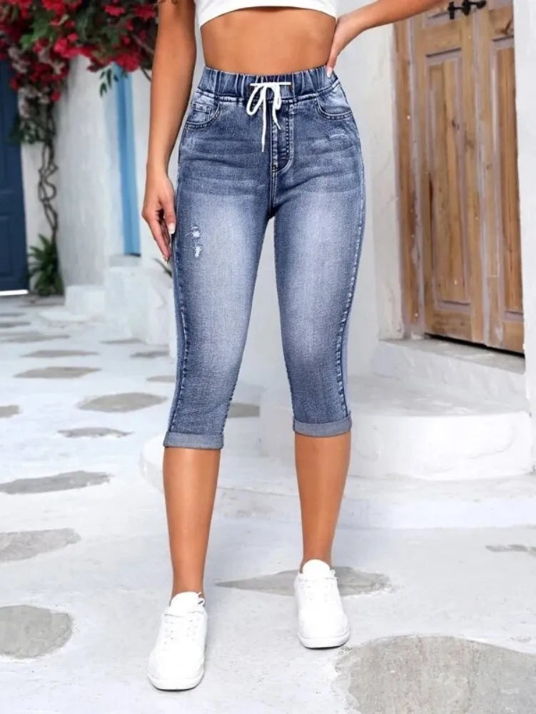 Pantalones vaqueros rasgados de cintura alta hasta la pantorrilla para mujer, de moda, con cintura elástica, pitillos casuales, 2025