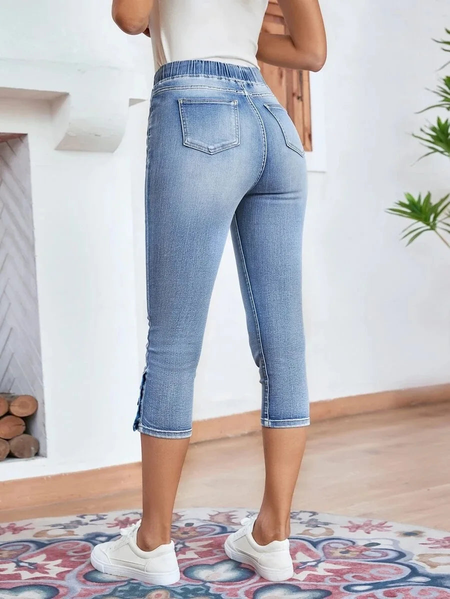 2025 Summer Women's Calf-Length Jeans Fashion Skinny High Stretch Elastic Waist Denim Pencil Pants Casual Slim Jeans S-2XL