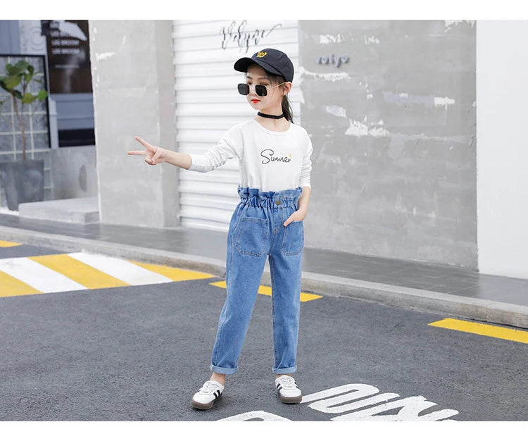 Pantalones vaqueros azules de cintura alta para niñas adolescentes, ajustados, de verano, ropa informal para niños de 10, 12 y 14 años.