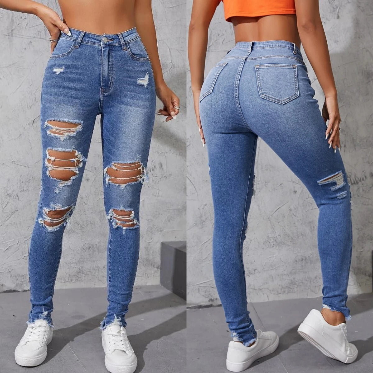 Gran oferta de pantalones vaqueros ajustados y rotos para mujer, de moda, de alta elasticidad, ajustados, con realce de glúteos, informales, tallas S-2XL