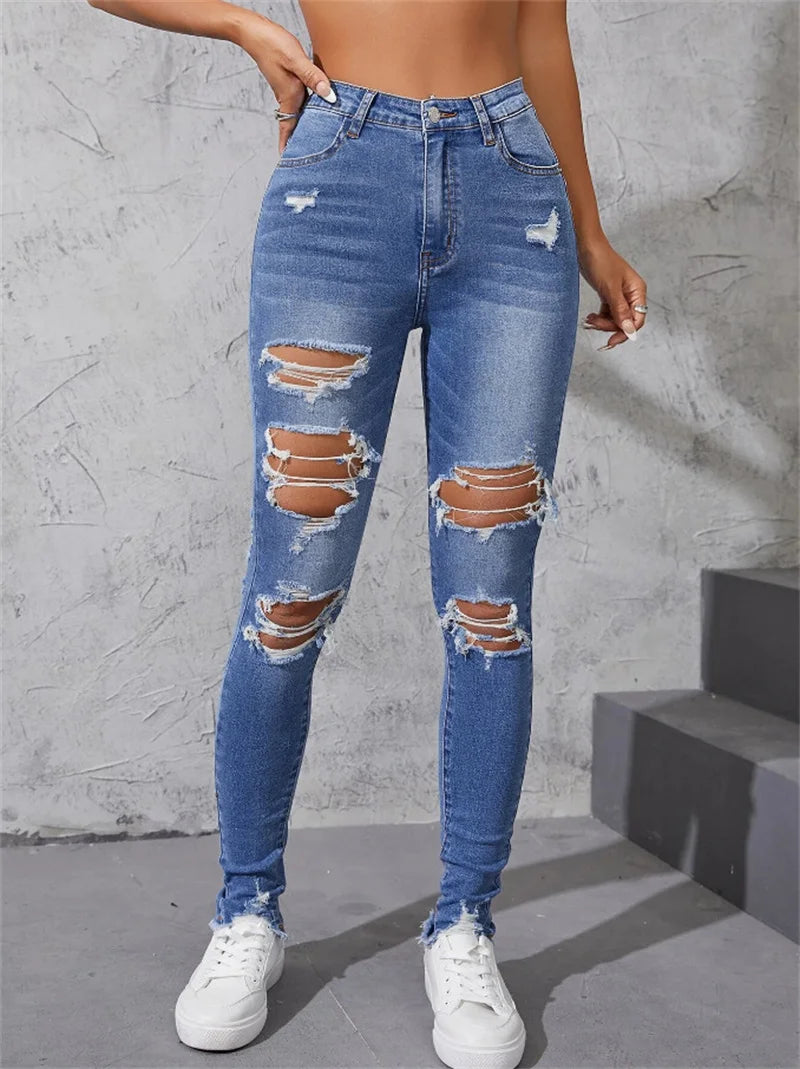 Gran oferta de pantalones vaqueros ajustados y rotos para mujer, de moda, de alta elasticidad, ajustados, con realce de glúteos, informales, tallas S-2XL