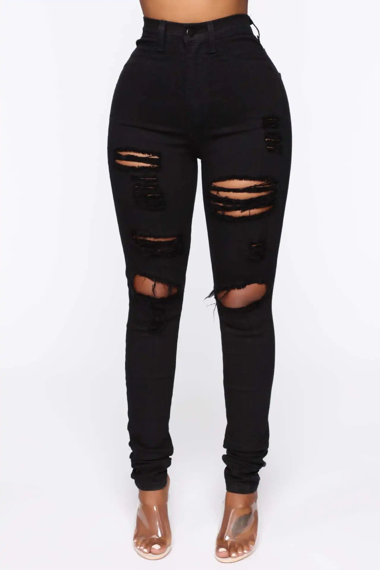 Pantalones vaqueros negros rotos para mujer, de cintura alta, ajustados y elásticos, tallas XS-XL, envío directo global, 2025