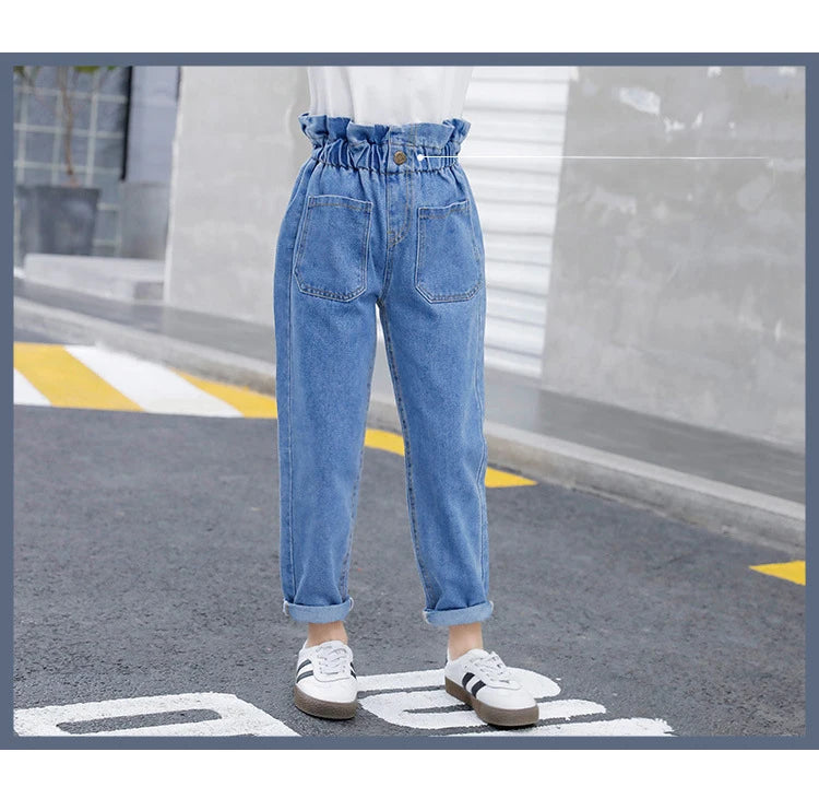 Pantalones vaqueros azules de cintura alta para niñas adolescentes, ajustados, de verano, ropa informal para niños de 10, 12 y 14 años.