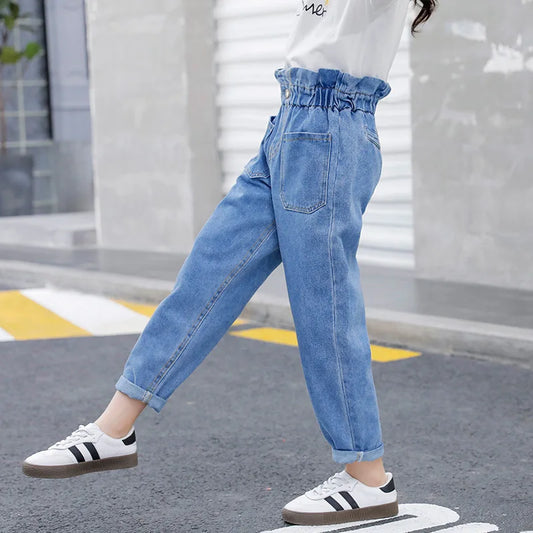 Pantalones vaqueros azules de cintura alta para niñas adolescentes, ajustados, de verano, ropa informal para niños de 10, 12 y 14 años.