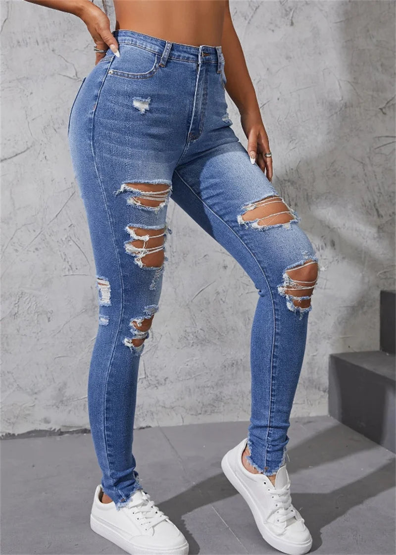 Gran oferta de pantalones vaqueros ajustados y rotos para mujer, de moda, de alta elasticidad, ajustados, con realce de glúteos, informales, tallas S-2XL