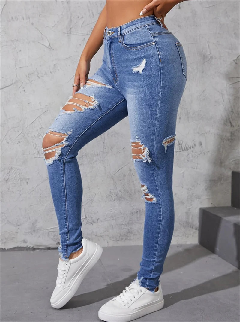 Gran oferta de pantalones vaqueros ajustados y rotos para mujer, de moda, de alta elasticidad, ajustados, con realce de glúteos, informales, tallas S-2XL