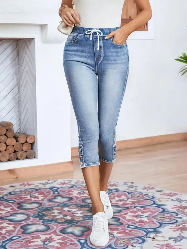 2025 Summer Women's Calf-Length Jeans Fashion Skinny High Stretch Elastic Waist Denim Pencil Pants Casual Slim Jeans S-2XL