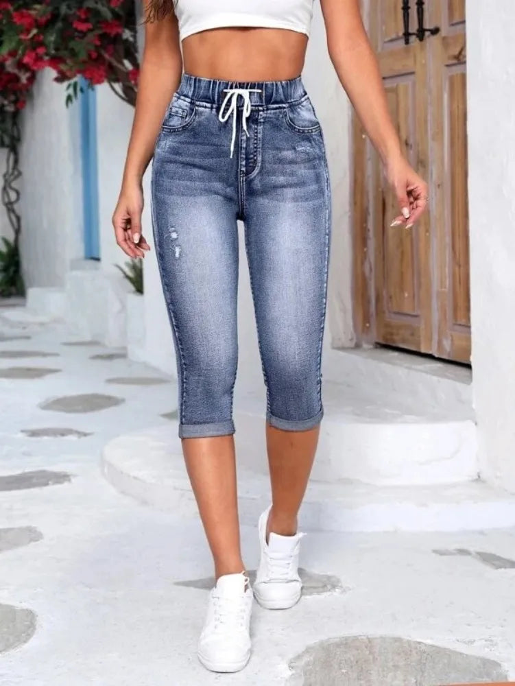 Pantalones vaqueros rasgados de cintura alta hasta la pantorrilla para mujer, de moda, con cintura elástica, pitillos casuales, 2025
