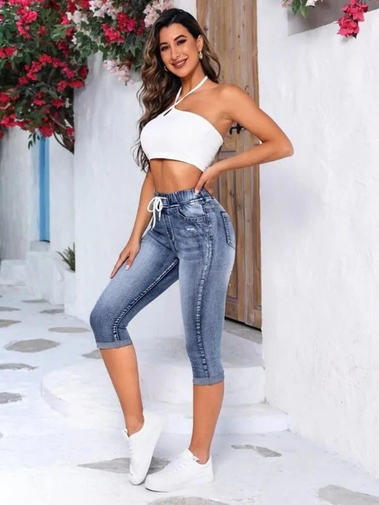 Pantalones vaqueros rasgados de cintura alta hasta la pantorrilla para mujer, de moda, con cintura elástica, pitillos casuales, 2025