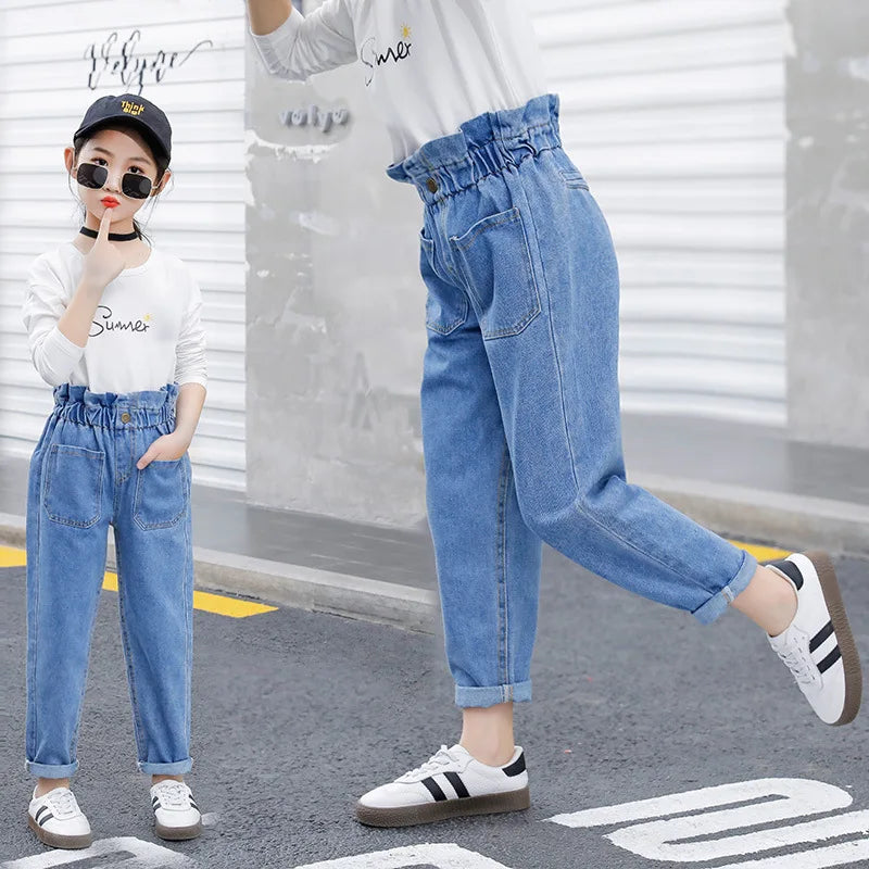 Pantalones vaqueros azules de cintura alta para niñas adolescentes, ajustados, de verano, ropa informal para niños de 10, 12 y 14 años.