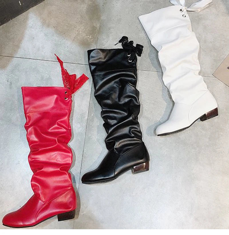 Shoes For Women Spring Knee High Boots Red Black White Tall Boots Woman Pleated Low Heel Casual Leather Female Long Shoes