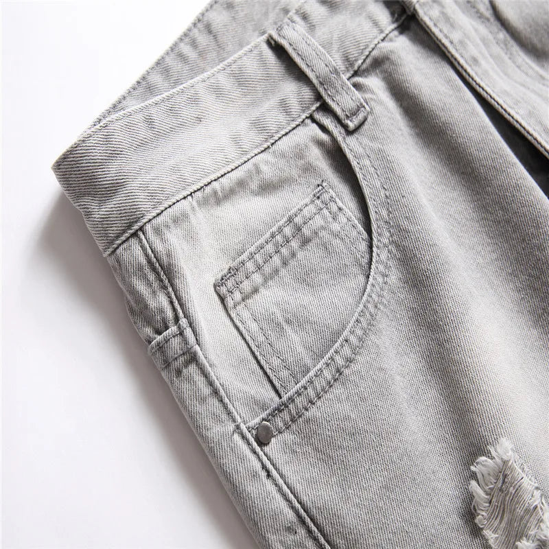 Mens Jeans Large-size Straight Light Gray Denim Trousers Spring and Autumn Full Length Male Pants Ripped Jeans