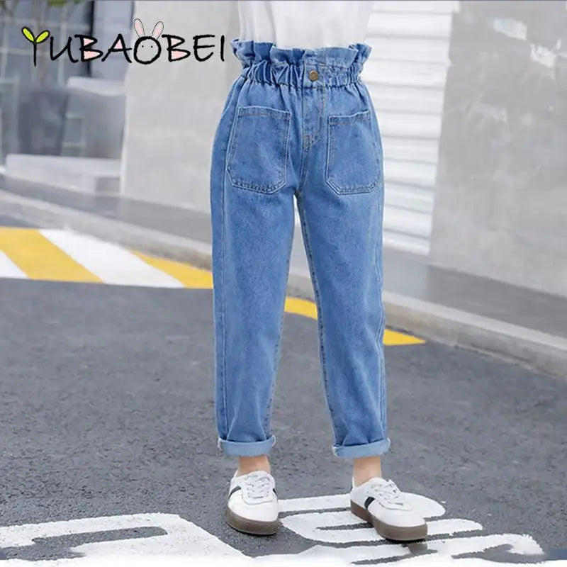 Pantalones vaqueros azules de cintura alta para niñas adolescentes, ajustados, de verano, ropa informal para niños de 10, 12 y 14 años.