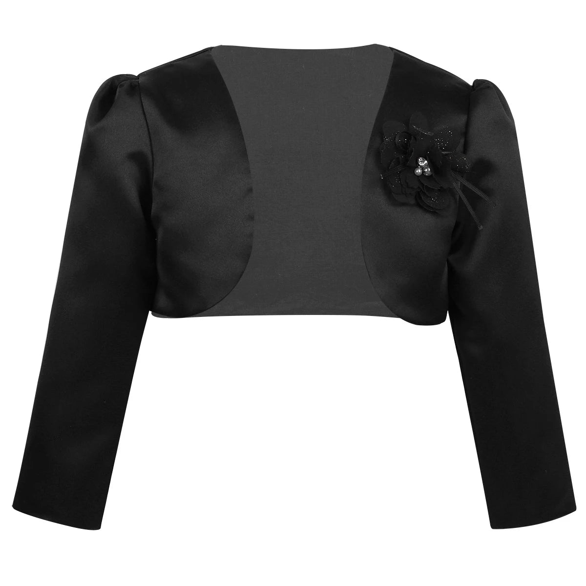 Kids Girls Satin Bolero Jackets Rhinestone Flower Elegant Cardigan Long Sleeve Open Front Shrug Cape Wedding Party Dress Outwear