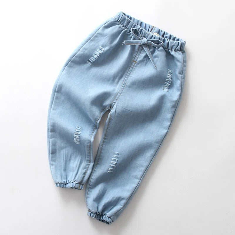 Pantalones largos finos informales de verano para niños y niñas, a la moda, de color liso, con bordado de dibujos animados, ropa vaquera para niños de 1 a 6 años