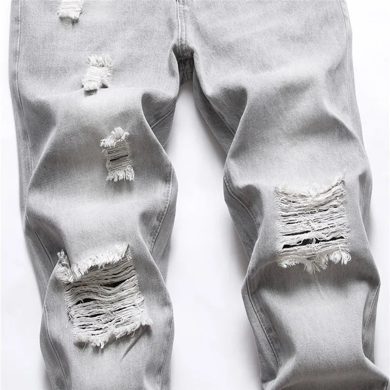 Mens Jeans Large-size Straight Light Gray Denim Trousers Spring and Autumn Full Length Male Pants Ripped Jeans
