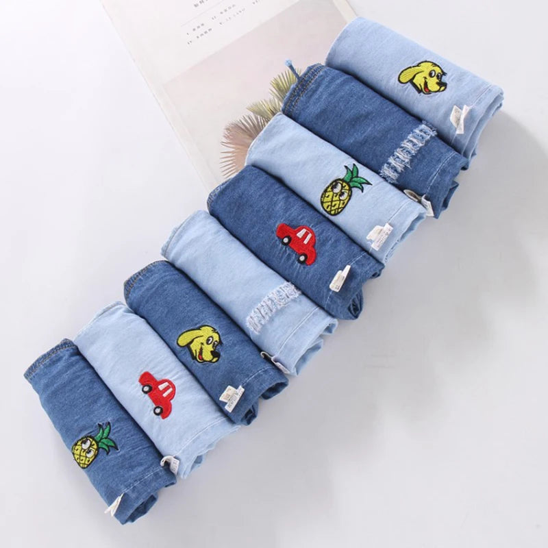 Pantalones largos finos informales de verano para niños y niñas, a la moda, de color liso, con bordado de dibujos animados, ropa vaquera para niños de 1 a 6 años