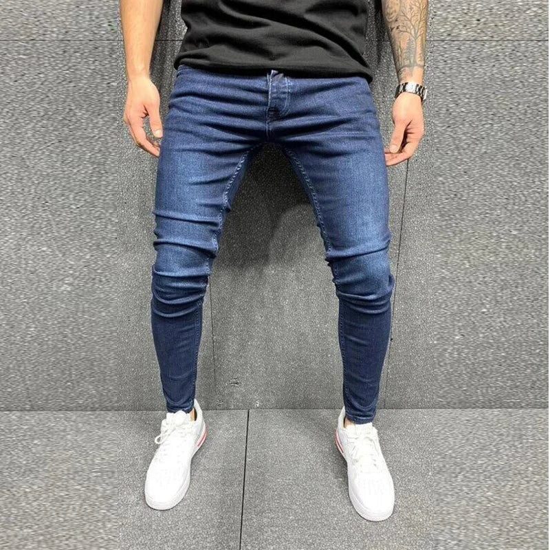 Pantalones vaqueros grises de color puro para hombre, cintura elástica, ajustados, elásticos, sin roturas, ropa de calle, color negro, 2021