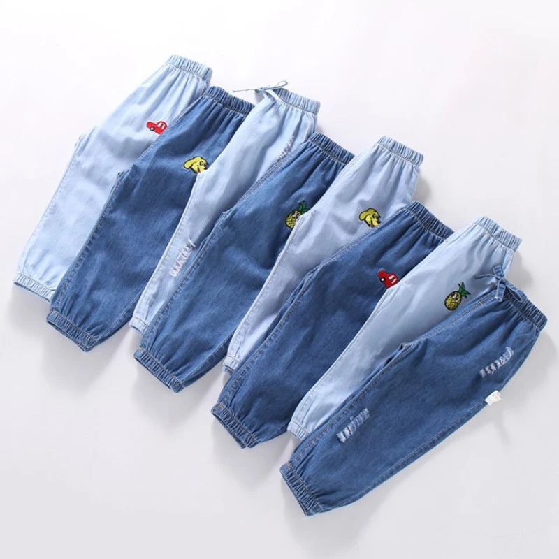 Pantalones largos finos informales de verano para niños y niñas, a la moda, de color liso, con bordado de dibujos animados, ropa vaquera para niños de 1 a 6 años