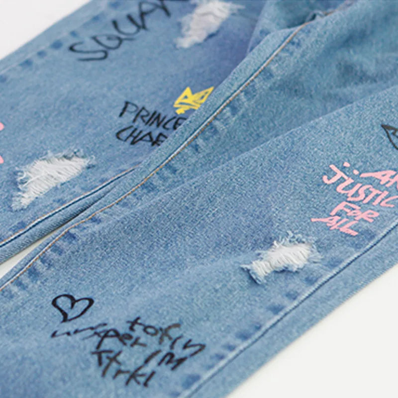 Personality cloud graffiti printing hole casual children jeans,Children's Clothing For Girl Kids Pants Boutique Children Trouser