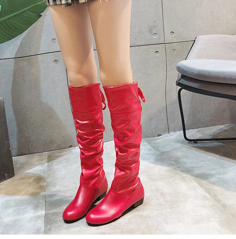 Shoes For Women Spring Knee High Boots Red Black White Tall Boots Woman Pleated Low Heel Casual Leather Female Long Shoes