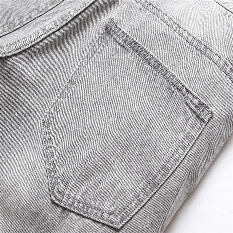 Mens Jeans Large-size Straight Light Gray Denim Trousers Spring and Autumn Full Length Male Pants Ripped Jeans