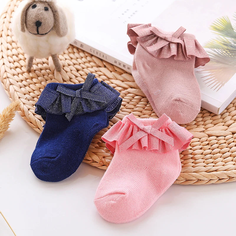 0-12M Newborn Baby Lace Socks Bow Princess Socks Girls Infant Spring and Autumn Baby Cotton Socks Girls Breathable Ruffled Socks