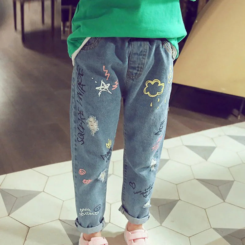 Personality cloud graffiti printing hole casual children jeans,Children's Clothing For Girl Kids Pants Boutique Children Trouser