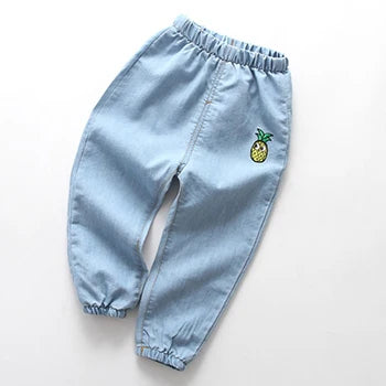 Pantalones largos finos informales de verano para niños y niñas, a la moda, de color liso, con bordado de dibujos animados, ropa vaquera para niños de 1 a 6 años