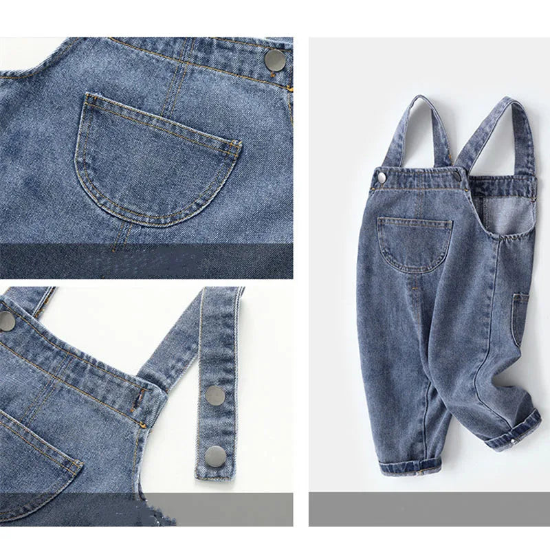 Monos informales holgados de primavera y otoño para niños, pantalones vaqueros de color liso para niños y niñas, monos vaqueros de moda para bebés.