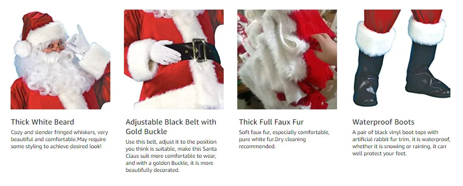 Christmas Santa Claus Costume Men's Luxurious Long Plush Gold Velvet Set Red Gift Bag Set of 8 Pieces